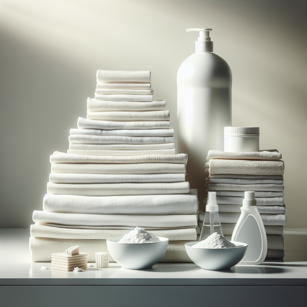 Crisp, perfectly folded white and light-colored laundry stacked neatly on a clean surface, with a gentle, diffused light suggesting freshness and cleanliness. A subtle, natural odor remover product (generic, like a simple bottle or jar) or a small bowl of baking soda and a bottle of white vinegar are elegantly placed nearby, implying an effective solution. Bright, serene, minimalist style.