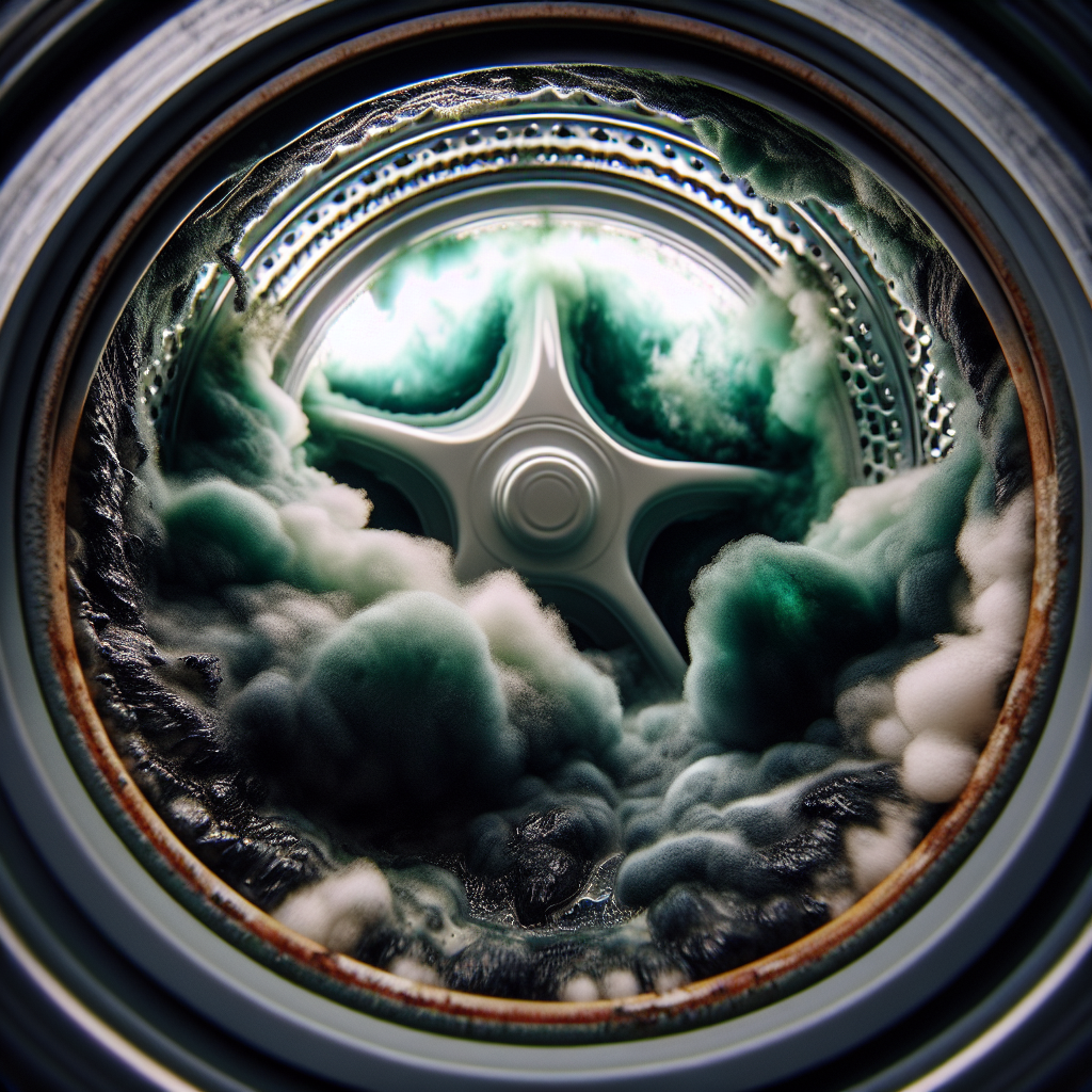 A close-up shot inside an open washing machine, revealing a grim and moldy rubber gasket seal. Streaks of dark residue and a visible, slightly green cloud of unpleasant, musty odor emanate from the drum, emphasizing the need for cleaning. Realistic, slightly desaturated tones.