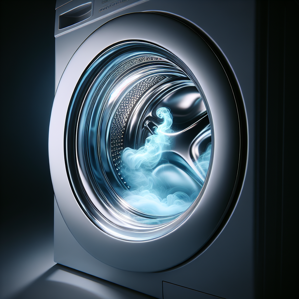 A sparkling clean washing machine drum, seen through its wide-open door. The interior is pristine and gleaming, with a perfectly white rubber seal and a subtle, ethereal mist of fresh, clean scent (represented by soft, bright blue or white wisps) gently rising. Bright, inviting lighting, realistic photography.
