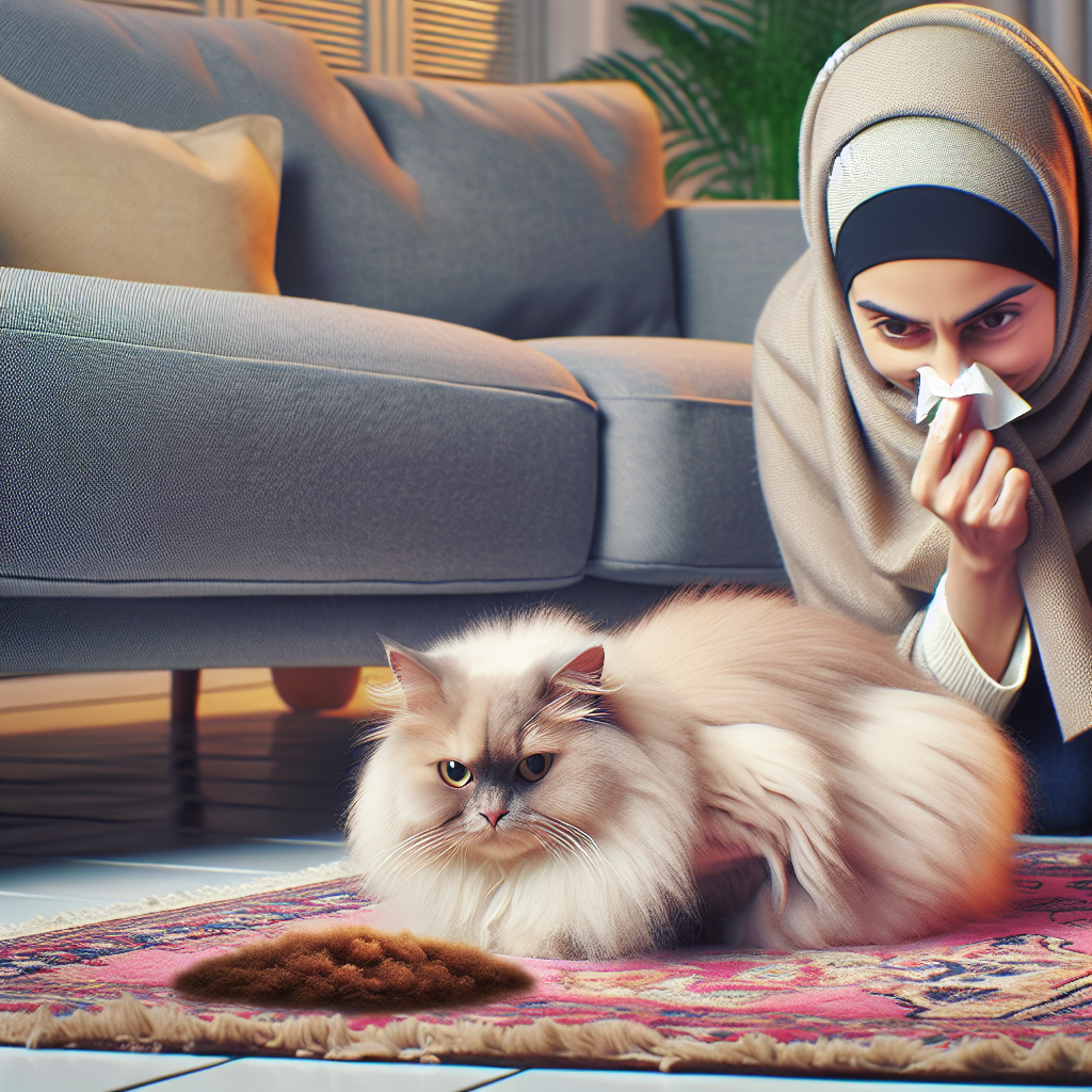 A cozy living room with a fluffy cat sitting innocently on a rug, next to a subtle, slightly discolored patch. In the background, a person subtly pinches their nose, hinting at an unseen, unpleasant odor. The atmosphere is otherwise neat but with an underlying tension. Realistic photo style, soft natural light.