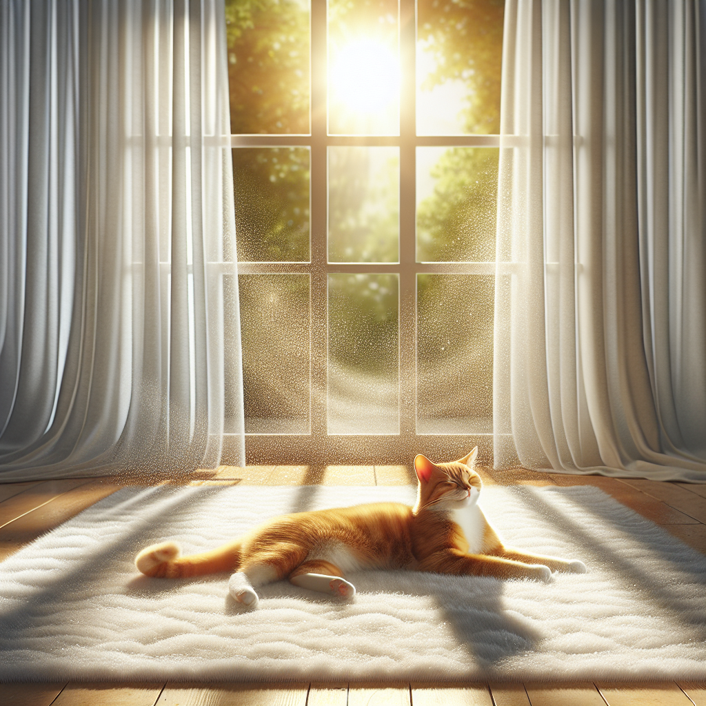 A bright, airy living room bathed in warm sunlight, with an open window and gently swaying sheer curtains. A contented cat is happily stretching on a pristine, fresh-looking rug. The scene exudes a sense of absolute cleanliness and a delightful, fresh scent, with subtle sparkles in the air. Realistic photo style, vibrant and inviting.