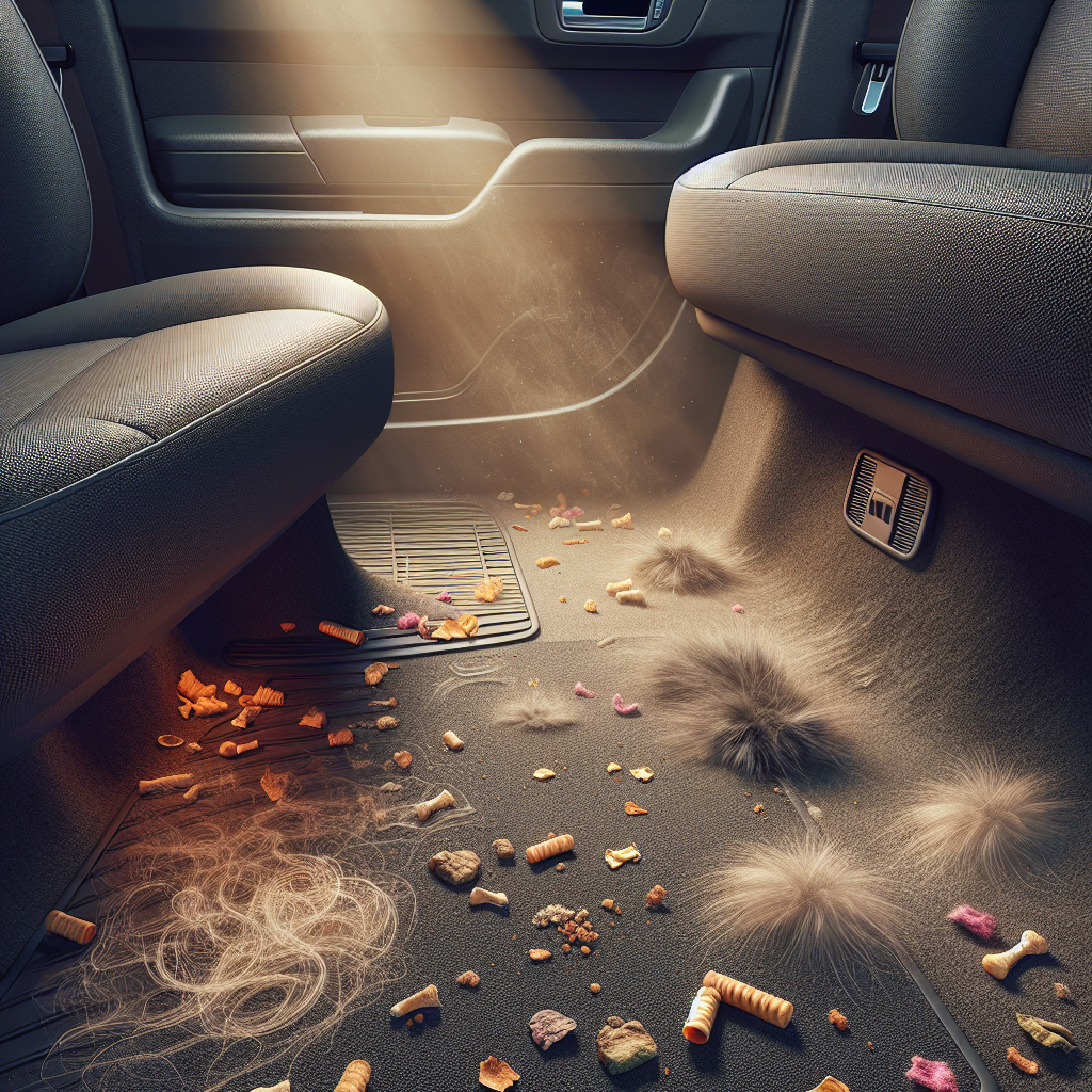 Realistic photo of a car's interior, showing common sources of bad odors: visible crumbs on a seat, pet hair on the floor mat, a dried spill stain on the upholstery, and a subtle, almost invisible haze suggesting stale air or smoke. The scene evokes a feeling of an unpleasant smell, with slightly dim lighting.