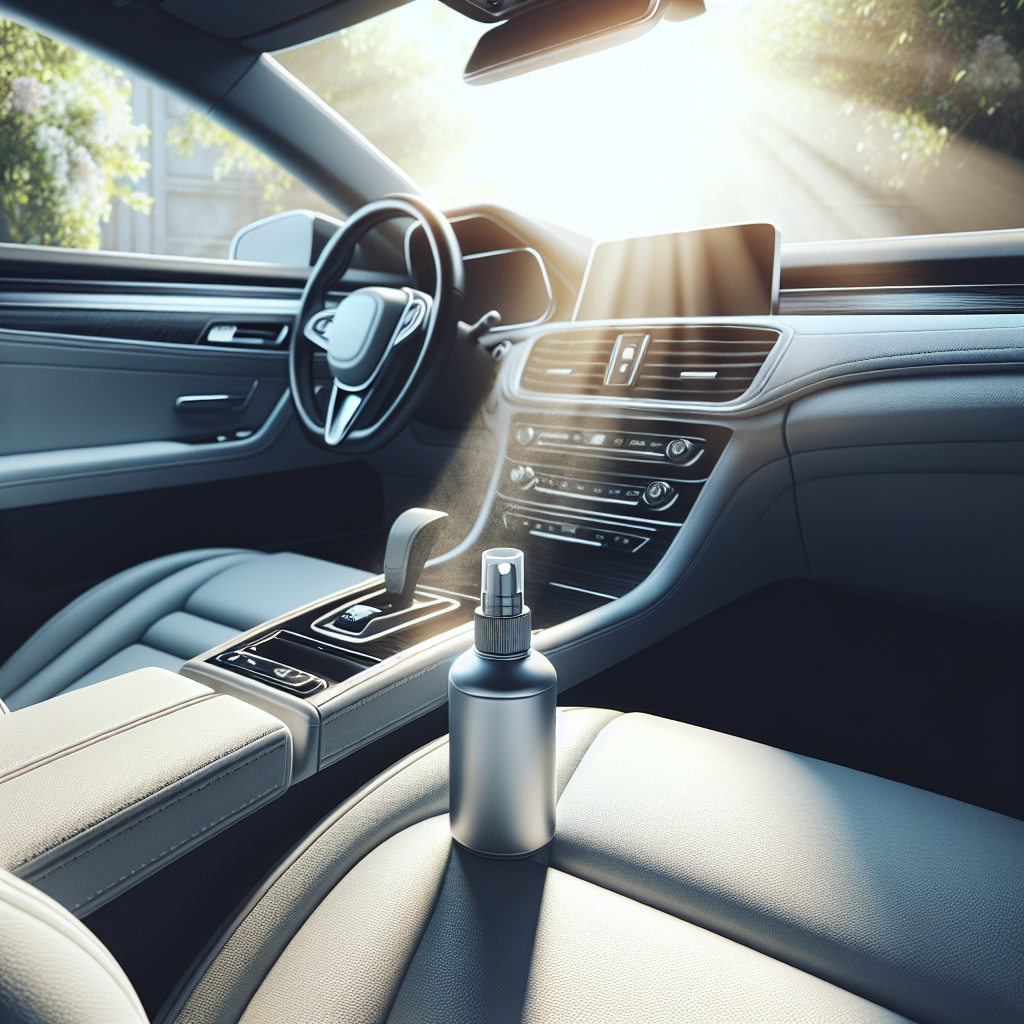 Bright and clean realistic photo of a modern car's interior, radiating freshness. Sunlight streams in, illuminating spotless seats and a pristine dashboard. A sleek, modern car odor remover product (e.g., a spray bottle or a small diffuser) is subtly placed, symbolizing a fresh, pleasant scent. The overall atmosphere is inviting and airy.