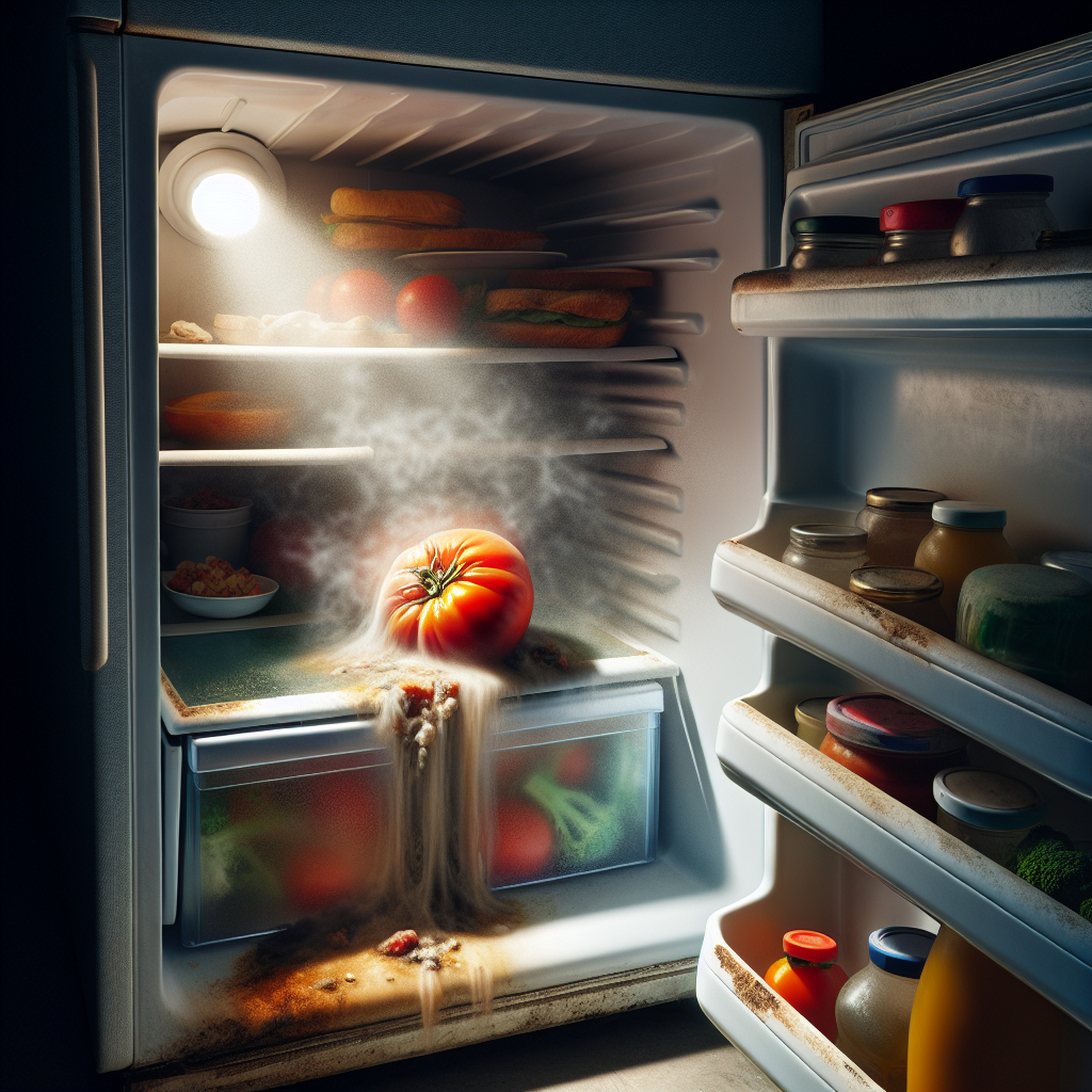 A slightly open refrigerator door reveals a subtle, almost visible wisp of an unpleasant, stale odor emanating from a forgotten, slightly moldy tomato on a back shelf. The fridge interior is dimly lit and slightly cluttered, emphasizing a lack of freshness and an uninviting atmosphere. Realistic photography style.