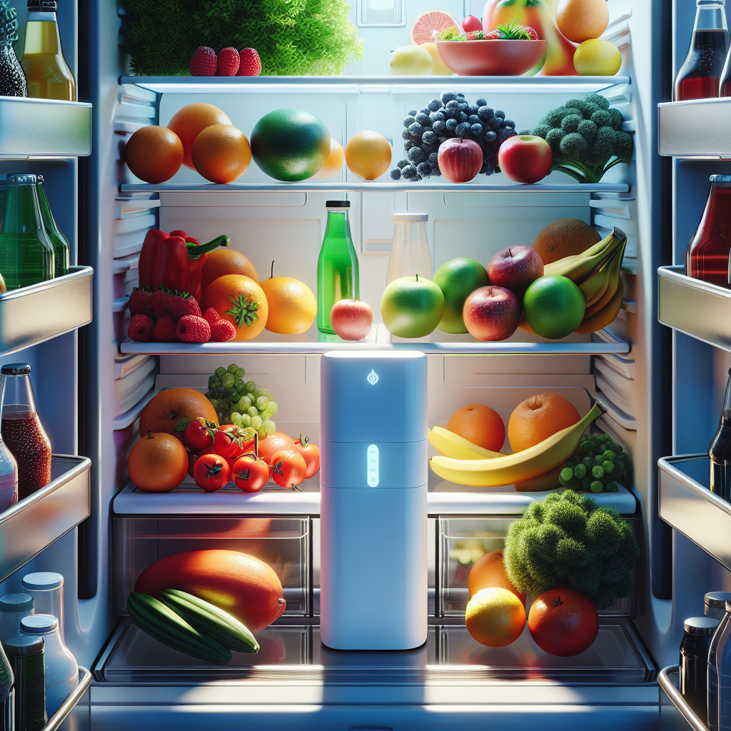 A brightly lit, sparkling clean refrigerator interior, impeccably organized with fresh, vibrant fruits, vegetables, and beverages. A small, modern refrigerator odor remover (e.g., a sleek activated charcoal box or a discreet gel container) is subtly placed on a shelf, conveying a sense of hygiene, freshness, and a pleasant scent. Realistic photography style.