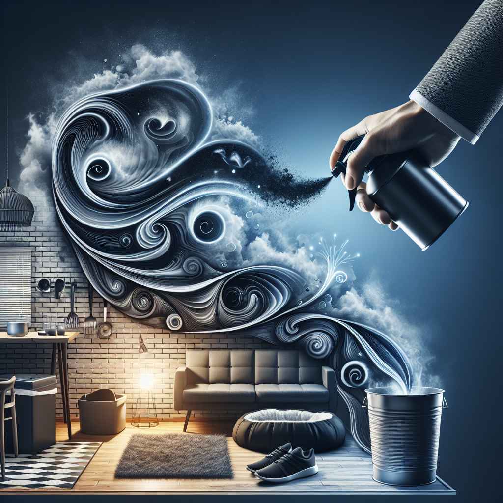 A hand sprays a sleek, modern odor remover product into a domestic setting where various common sources of bad smells are subtly present, such as a dog bed, a kitchen trash can, and a pair of sneakers. Abstract swirling dark lines or colors representing unpleasant odors are visibly dissipating and transforming into bright, clean, and fresh air, indicated by subtle light rays and a sense of clarity. Realistic, clean aesthetic, focus on the transformation from bad to fresh.