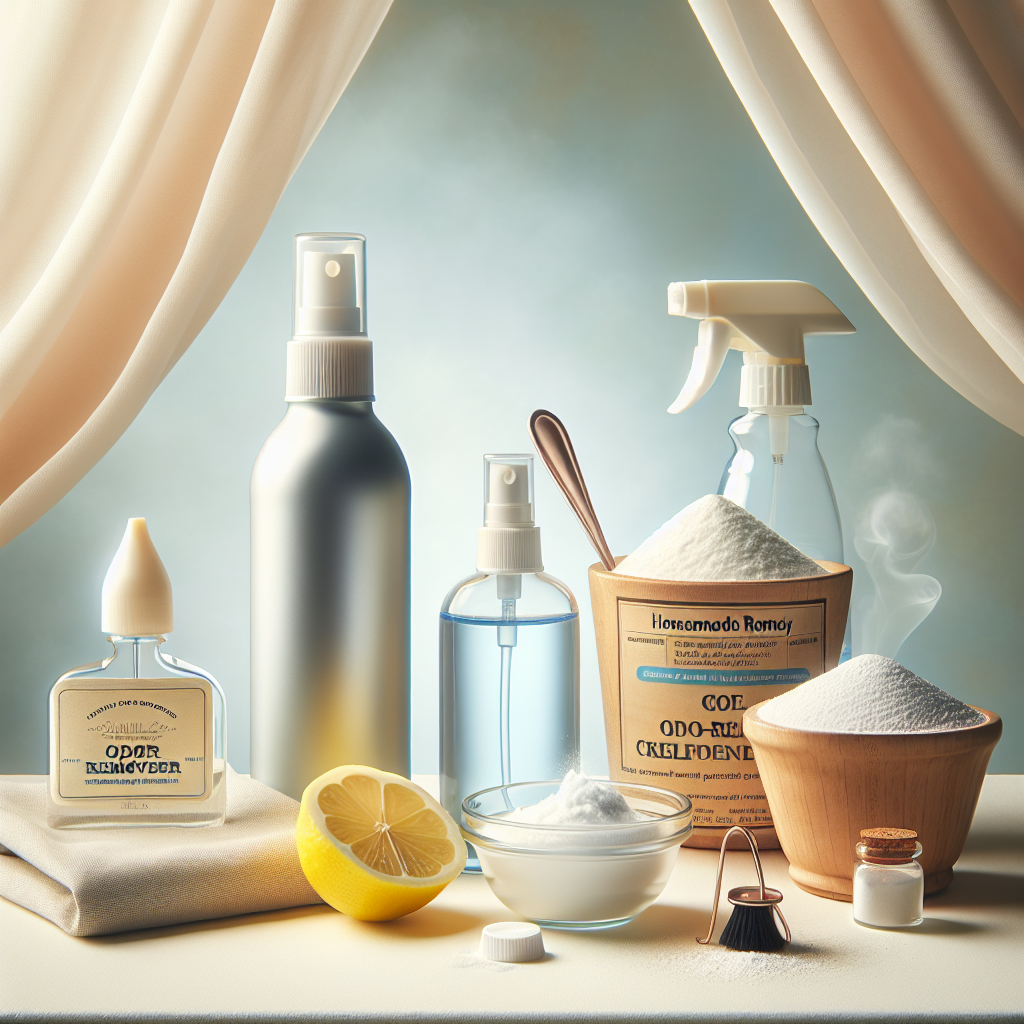 A still life composition featuring a variety of odor removal solutions: a stylish spray bottle, a container of odor-absorbing powder for carpets, a small gel air freshener, and a natural home remedy like a bowl of baking soda with a lemon. All items are arranged aesthetically on a clean, bright surface, with a soft, airy background evoking freshness and purity. Studio quality photography style, vibrant colors, emphasizing effectiveness and cleanliness.
