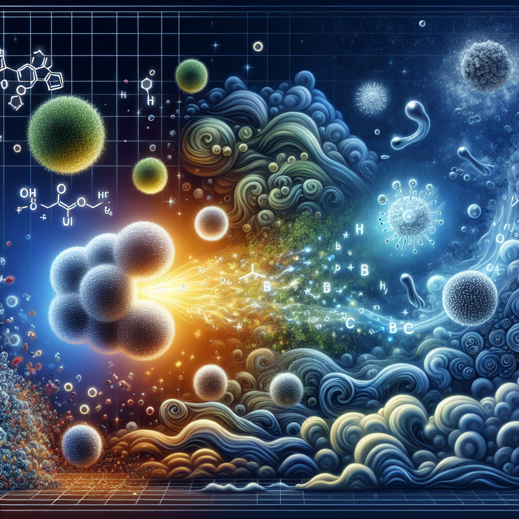A vibrant, conceptual illustration showing tiny, active enzymes (represented as glowing, microscopic structures) breaking down and dissolving dark, cloud-like odor molecules. In the background, the scene transforms from murky and unpleasant to bright, clean, and fresh. Emphasize the scientific and sustainable aspect of true odor elimination, not just masking. High detail, vivid colors, modern illustration style.
