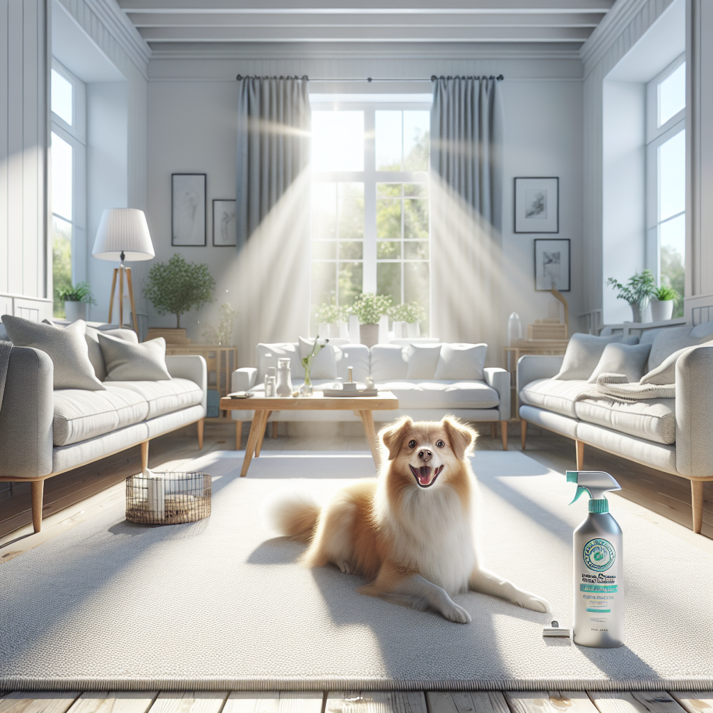 A bright, airy image of a pristine living room, perhaps with a clean, light-colored rug and a comfortable sofa. Sunlight streams through a window, and the air looks visibly fresh and clear. A happy, content dog is playfully sitting on the clean rug. A sleek, modern bottle of an 'Enzymatic Odor Remover' product is subtly placed on a nearby table, suggesting the cause of the cleanliness. Emphasize freshness, hygiene, and a pet-friendly environment after effective odor removal. Photorealistic style.