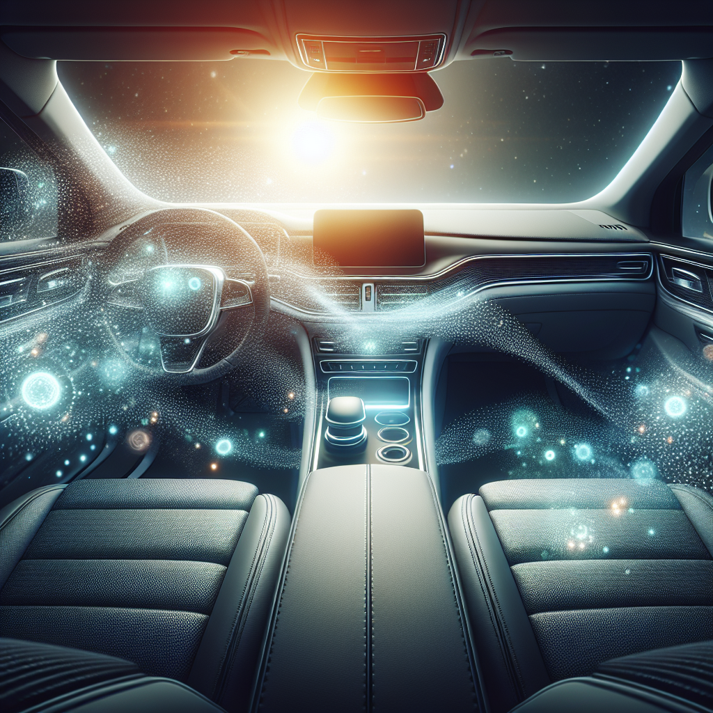 A pristine, modern car interior, bathed in soft, natural light, symbolizing ultimate freshness and cleanliness. Subtle, ethereal glowing microscopic 'freshness' particles are visible in the air and on surfaces, representing sustainable odor elimination by microorganisms. The atmosphere is calm and inviting, with a focus on natural, long-lasting freshness.