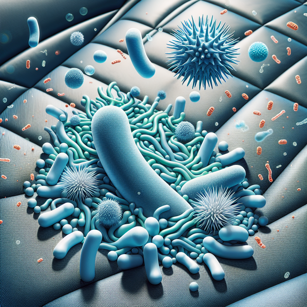 A conceptual macro shot showing stylized, friendly microorganisms (like helpful bacteria) actively 'eating' or breaking down abstract unpleasant odor molecules on a textured car seat fabric. The scene conveys a sense of natural, biological cleaning and transformation, highlighting the microscopic process of odor removal. Bright, clean, scientific illustration style.