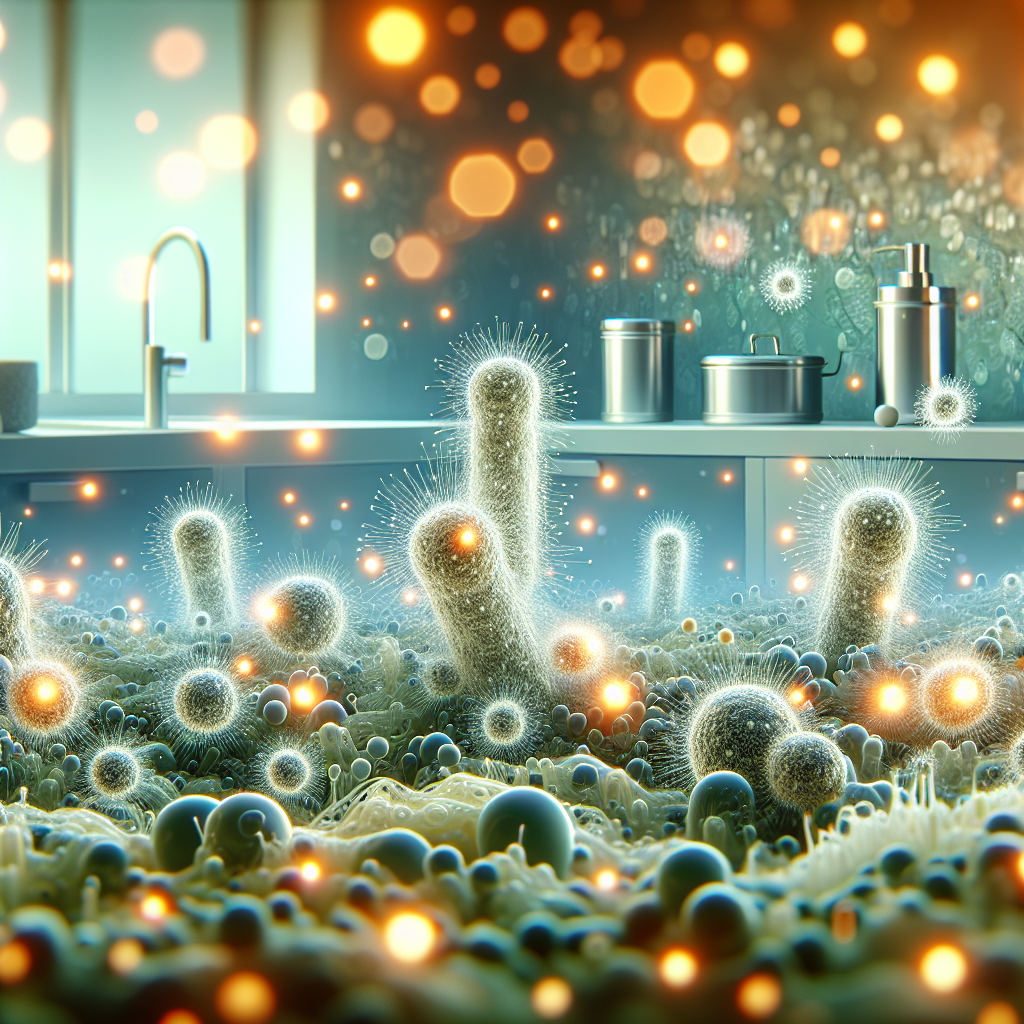 A stylized illustration showing a close-up, microscopic view of tiny, friendly, glowing microorganisms actively decomposing organic odor particles on a surface (e.g., a fabric fiber or a trash can surface). In the background, a blurred image of a fresh, clean home environment (like a kitchen counter or pet area) emerges, bathed in natural light, symbolizing the removal of unpleasant smells and a newfound natural freshness. The overall aesthetic is clean, modern, and conveys scientific efficacy with a touch of gentle natural magic.