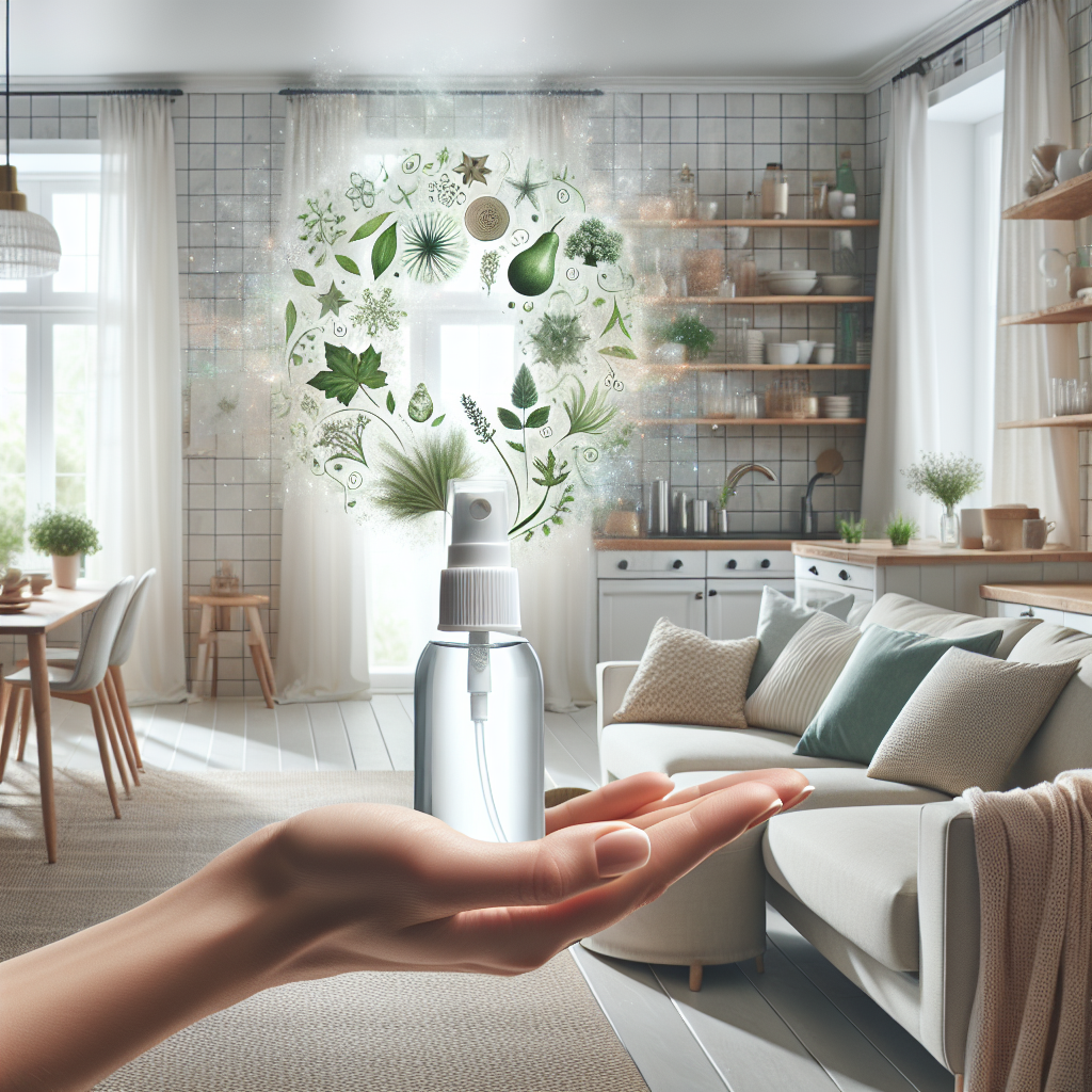 A bright and airy image of a modern home interior (e.g., a living room with textiles or a kitchen), where the air feels visibly fresh and clean. A subtle, natural mist or aura of 'freshness' emanates from an eco-friendly spray bottle held by a hand, symbolizing the work of natural microorganisms. No harsh chemicals or artificial scents are visible; instead, the focus is on a natural, healthy, and inviting atmosphere. Incorporate elements that suggest natural purity, like subtle green leaves or sunlight streaming through a window.
