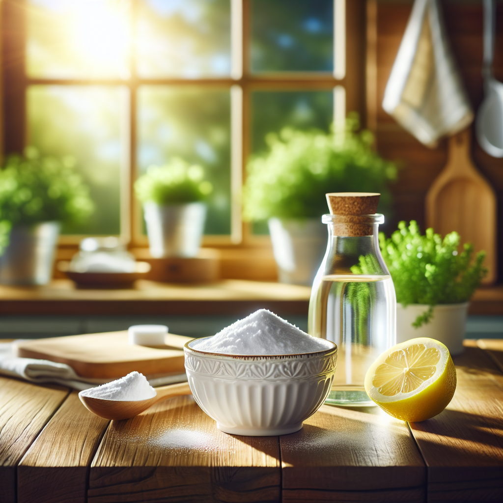 A bright, naturally lit kitchen scene with focus on a pristine wooden countertop. On the counter, there's a small, elegant ceramic bowl brimming with white baking soda powder, a clear glass bottle of white household vinegar, and a freshly cut lemon. In the soft-focus background, a window allows warm sunlight to stream in, illuminating a lush green herb plant. The overall atmosphere is clean, fresh, and inviting, emphasizing natural home remedies for odor removal. High-resolution photo, vibrant colors, gentle shadows.