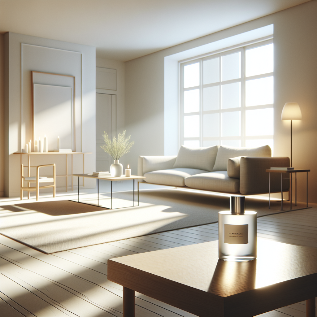 A bright, minimalist living room with sunlight streaming through a window, emphasizing a feeling of absolute freshness and clean, neutral air. There are no visible artificial scents or perfumes, just a pure, untainted environment. A subtle, modern, and discreet object that hints at a fragrance-free odor neutralizer is barely visible on a table. Realistic photography, serene and minimalist aesthetic.