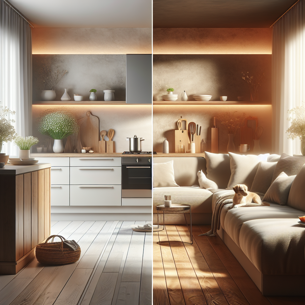 A clean, modern home scene, perhaps a kitchen counter after cooking, or a cozy corner near a pet's bed. The air in the image visually transitions from a subtle, almost imperceptible haze (representing lingering odors) to crystal clear and sparkling fresh. The focus is on the feeling of quiet, effective purification and natural neutrality, with no visible sprays, strong colors, or artificial fragrances depicted. Soft, natural lighting creates a calm, pristine atmosphere, highlighting the absence of any scent, only purity.