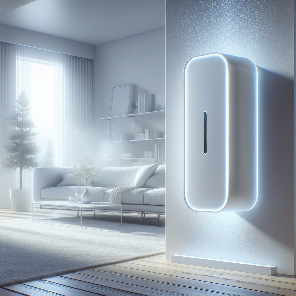 A sleek, minimalist, and futuristic filterless odor remover device with a subtle infrared sensor integrated, mounted on a clean white wall in a modern, bright living room. Soft, ethereal light represents fresh, purified air emanating from the device. The room is serene and orderly. High-definition, photorealistic.