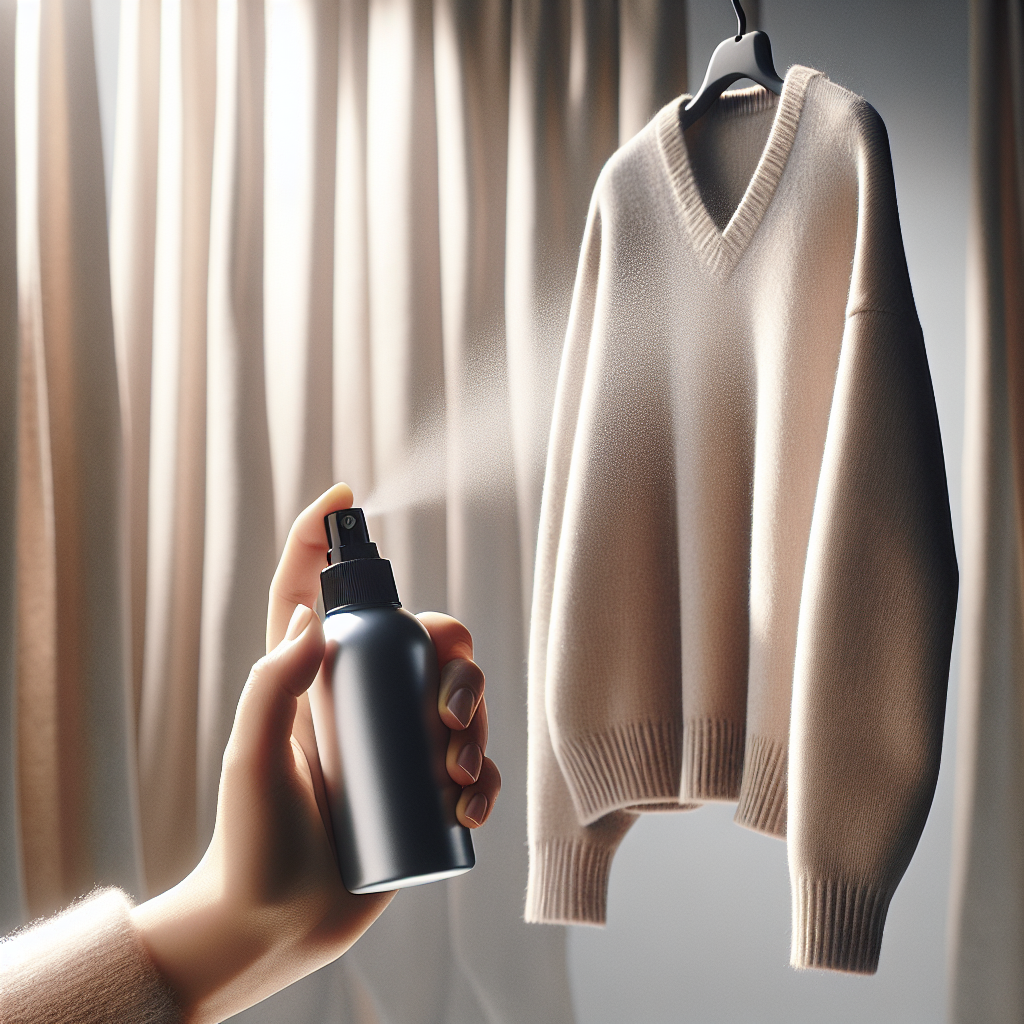A hand holding a sleek, modern fabric refresher spray bottle, emitting a fine mist onto a hanging, soft beige sweater against a minimalist, bright background. The scene conveys instant freshness and a clean, light aesthetic, emphasizing odor removal without washing. Natural light, soft focus.