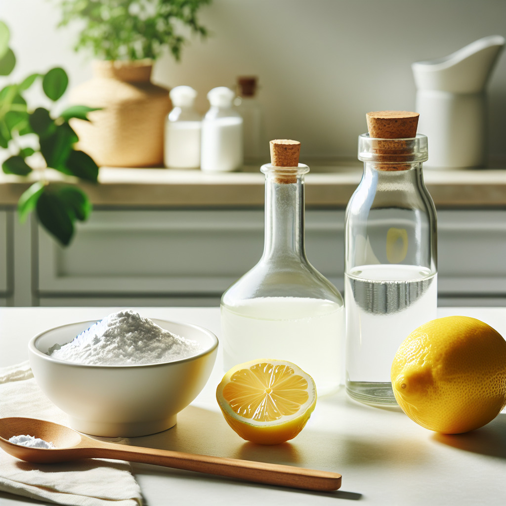 A bright, clean kitchen counter with a small collection of natural ingredients for homemade odor removers: a bowl of baking soda, a bottle of white vinegar, a sliced lemon, and a transparent spray bottle ready for mixing. The scene is well-lit, emphasizing a natural, eco-friendly aesthetic with soft lighting.