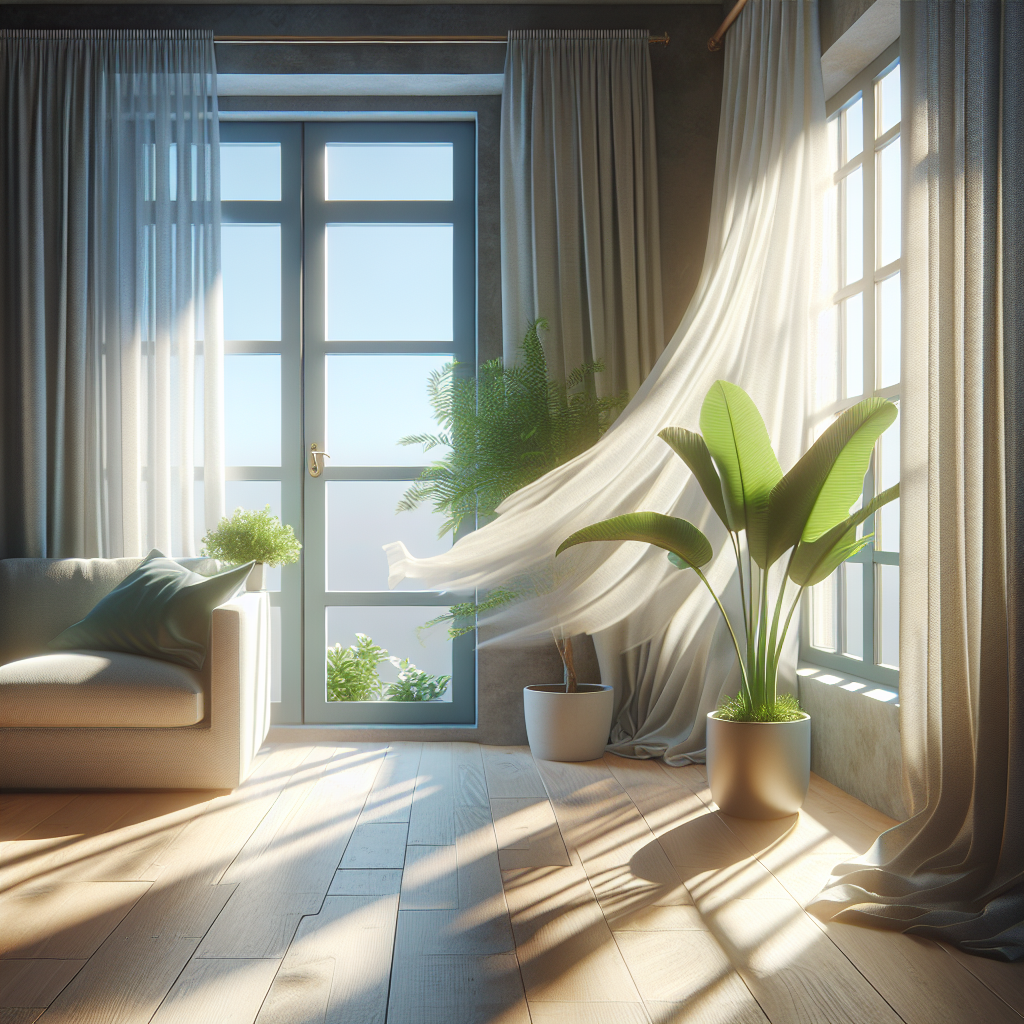 A cozy, sunlit living room with an open window, a gentle breeze rustling sheer curtains. A potted green plant sits on a windowsill, and the overall atmosphere conveys freshness, cleanliness, and a natural, pleasant scent, without showing any specific cleaning products. Soft, inviting light, conveying a sense of peace and natural freshness.