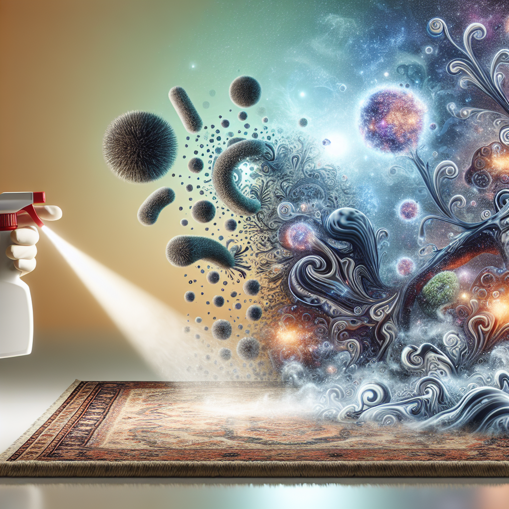 A vivid illustration of a powerful enzyme cleaner spray being applied to a carpet. Focus on the microscopic action: abstract, organic 'odor molecules' (depicted as dark, swirling wisps) are visibly breaking apart and disappearing under the influence of glowing, intricate 'enzyme molecules' that the spray introduces. The background shows a clean, fresh, light-filled environment, suggesting the positive outcome. High detail, slightly scientific but aesthetically pleasing, digital art.