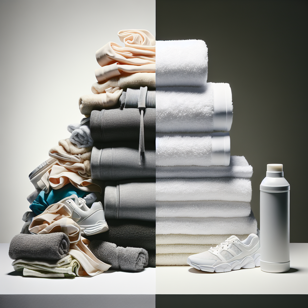 A split image or diptych: On the left, a pile of used, slightly crumpled sportswear and towels, looking somewhat dull and indicating a lingering unpleasant smell through subtle visual cues like muted colors or a slight haze. On the right, a stack of perfectly folded, bright white, fluffy towels and crisp, clean sportswear, radiating a sense of freshness and purity. A minimalist bottle of 'Geruchsentferner' (odor remover) is subtly placed between the two scenes. Realistic, high-key lighting, clean aesthetic.