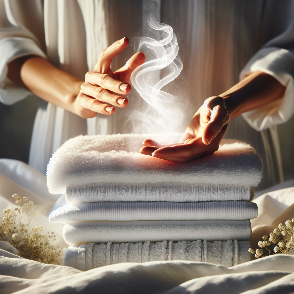 Close-up of hands gently caressing a stack of freshly laundered, fluffy white towels and crisp bed linen, radiating a sense of ultimate freshness and softness. Delicate, subtle wisps of a beautiful, clean fragrance are visibly rising from the fabrics. The background is soft and blurred, emphasizing the comfort and pleasant aroma. Elegant, natural light.
