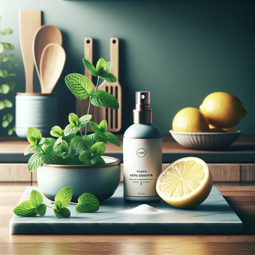 A bright, minimalist scene in a modern kitchen. On a clean wooden counter, there are various natural ingredients known for odor neutralization: sliced lemons, sprigs of fresh mint, a small bowl of baking soda, and a sleek, unbranded spray bottle labeled 'Vegan Odor Remover'. The overall atmosphere is fresh, clean, and airy, with soft natural light highlighting the plant-based elements.
