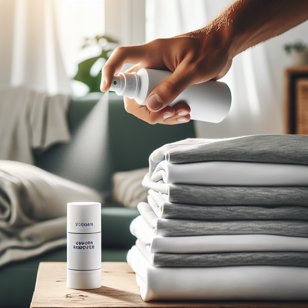 An artistic close-up of a hand gently spraying an elegant, minimalist bottle of 'Vegan Odor Remover' onto a pile of neatly folded, clean sports clothing (like a t-shirt and shorts). A subtle, refreshing mist is visible, conveying a sense of renewed freshness and cleanliness. The background is softly blurred, emphasizing a natural, eco-friendly home environment, with gentle, natural lighting.