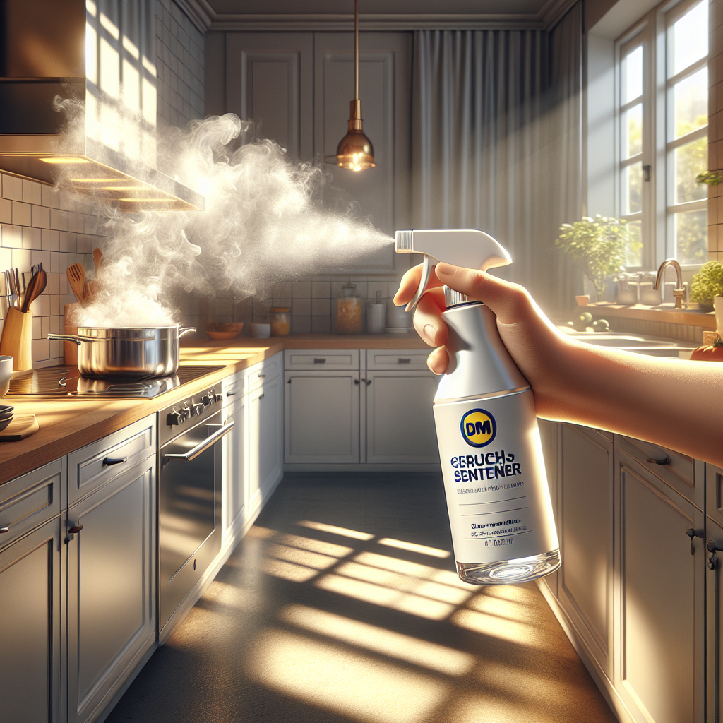 A clean, modern kitchen after cooking, with sunlight streaming through a window. A hand holds a sleek spray bottle labeled 'DM Geruchsentferner', misting fresh, clean air that visibly dispels faint, wispy grey odor clouds emanating from a cooking pot. The atmosphere is immediately refreshed and inviting. Photorealistic, natural light, high detail.