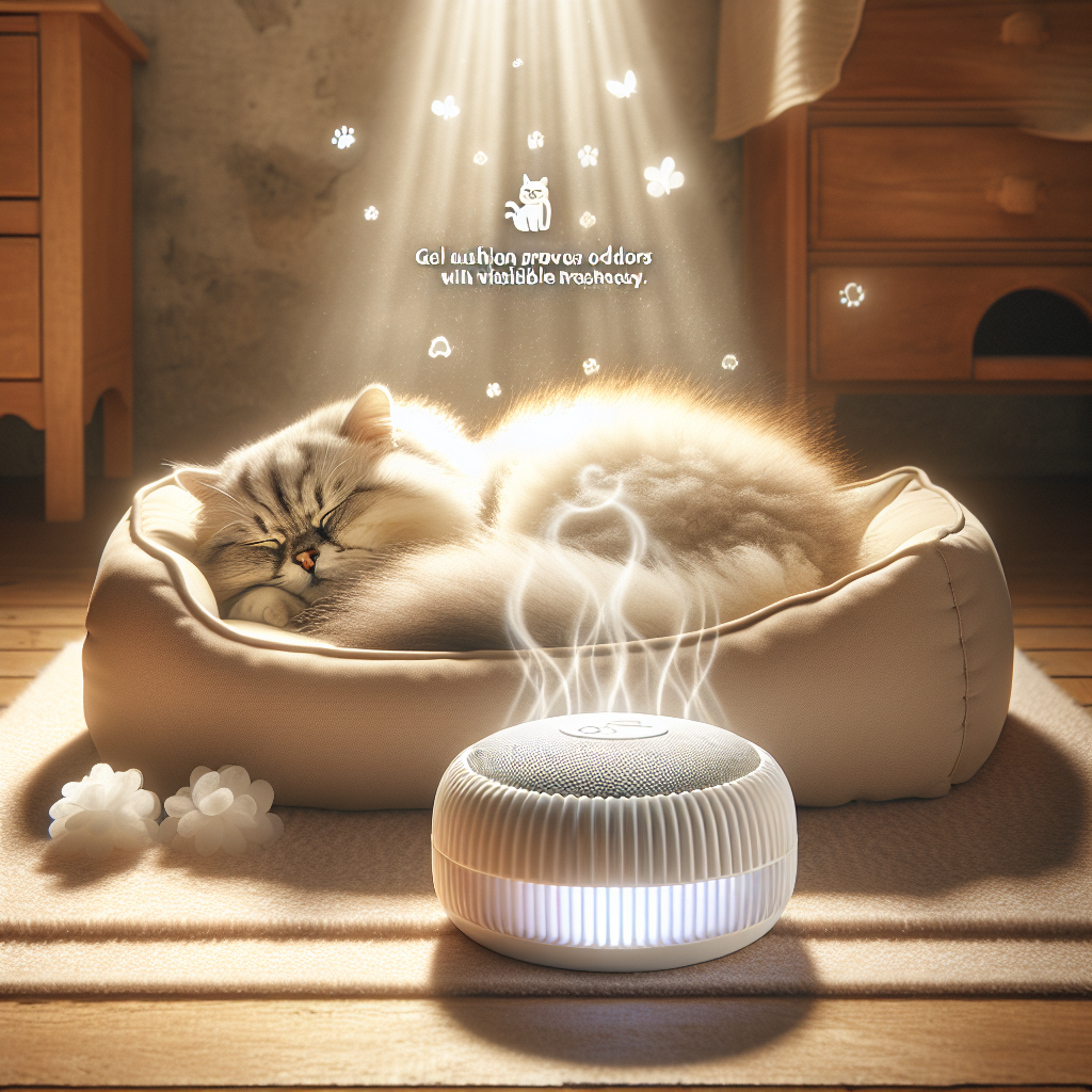 A cozy pet corner in a home. A fluffy cat or dog is sleeping soundly on a clean pet bed. Next to the bed, a small, elegant 'DM Geruchsentferner' gel cushion is discreetly placed, emanating soft, subtle light rays that symbolize freshness. The air around the pet area is visibly clean and pure. Warm, inviting lighting, photorealistic, focus on comfort and hygiene.