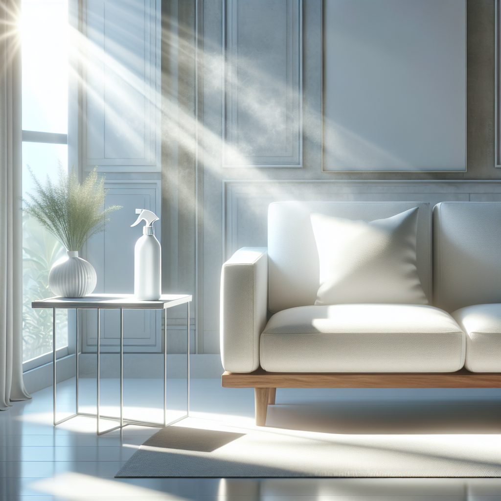 A bright, modern living room with a fresh, clean atmosphere. Sunlight streams through a window, illuminating a pristine sofa and a subtly visible, elegant white spray bottle labeled 'Odor Neutralizer' (representing Jemako's product) on a side table. There are no visible 'bad smells,' just a feeling of refreshing air and cleanliness. Minimalist aesthetic, soft lighting.