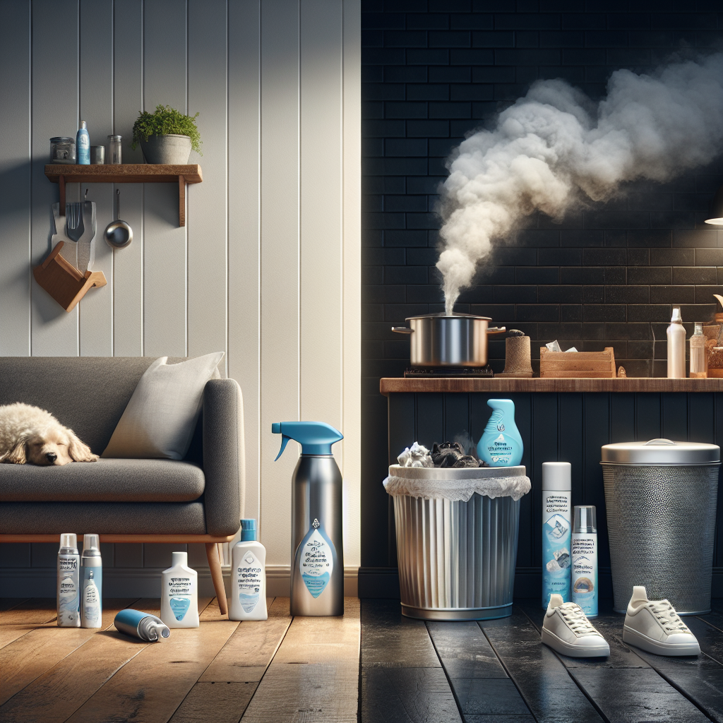 A visually dynamic scene contrasting common household odor sources with effective solutions. On one side, subtle visual cues of odors: a sleeping dog on a sofa with a slight 'pet smell' aura, a bin with a faint cloud, and a steaming kitchen pot in the background. On the other side, prominently displayed, a collection of stylish, modern 'Rossmann' branded odor remover products: a textile spray, an air freshener, a shoe deodorizer, and a small neutralizing bag. The composition should suggest problem-solution, with the Rossmann products appearing as the clear answer to a fresh home. Realistic photography, bright and clean aesthetic.
