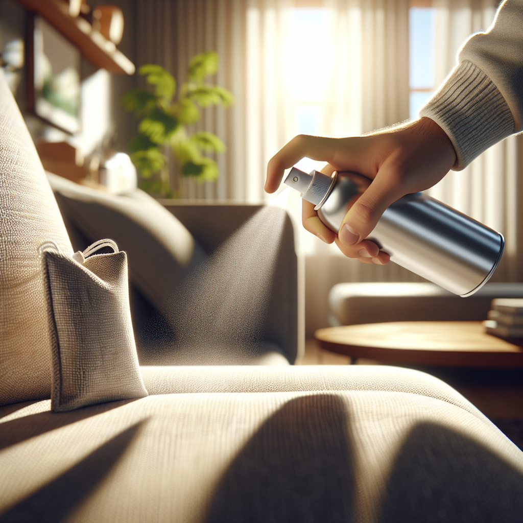 A close-up of a hand actively spraying a sleek, modern 'Rossmann Geruchsentferner' textile spray onto a luxurious, clean sofa cushion in a sunlit living room. In the soft-focus background, a subtly visible 'Rossmann' branded air freshener or a small neutralizing bag is placed on a table. The atmosphere is one of immediate freshness, cleanliness, and comfort, emphasizing the product's effectiveness and ease of use. Bright, inviting, and realistic photography.