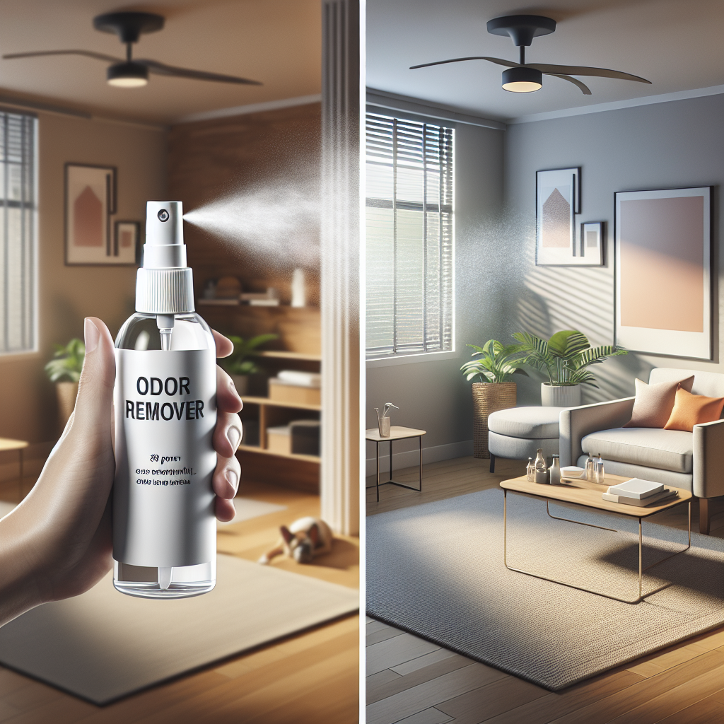 A modern, minimalist spray bottle, labeled 'Odor Remover,' is being held and spraying a fine, invisible mist into a common household scene. On one side, the scene shows subtle visual cues of stale air or unpleasant odors (e.g., slightly muted colors, a hint of smoke near an armchair, a pet bed). On the other side, where the spray has acted, the same scene appears visibly fresh, clean, and bright, with vibrant colors and a sense of cleanliness. Focus on the transformation. High resolution, soft light, realistic.