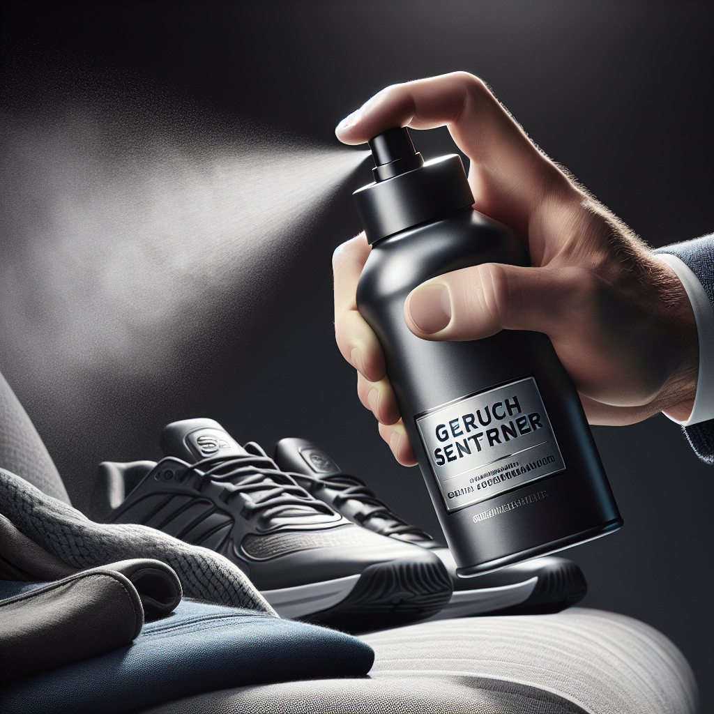 Close-up of a hand holding a sleek, modern spray bottle labeled 'Geruchsentferner' (Odor Remover), actively spraying a visible mist. The mist emanates towards a montage of various surfaces: a car seat, a fabric sofa, and a pair of athletic shoes, implying effective odor neutralization across different problem areas. The background is blurred to highlight the action and the versatility of the product. Clean aesthetic, studio lighting, detailed.