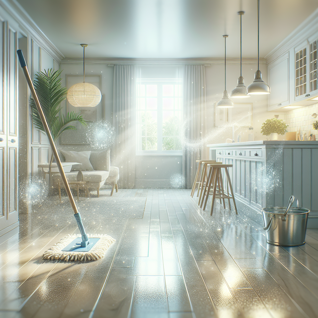 A bright, airy home interior, possibly a kitchen or living room, with a gleaming, freshly mopped floor. Soft natural light streams in, highlighting the sparkling clean surface. Subtle, almost invisible 'freshness' particles seem to float in the air, representing neutralized odors and a revitalized atmosphere. A clean mop and a bucket with clear, fresh water are subtly placed in the background. Photorealistic, clean aesthetic.