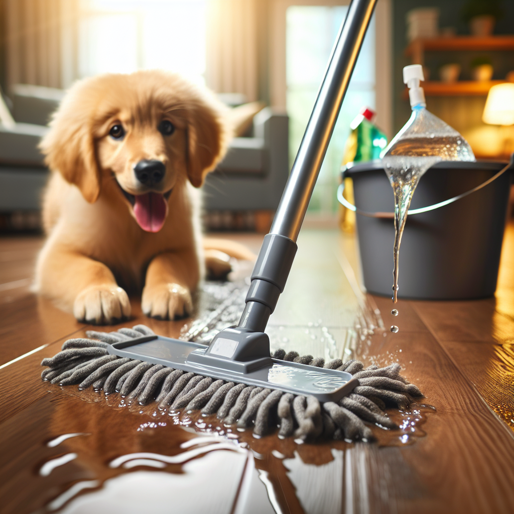 A close-up shot of a floor being mopped, showing the damp trail of a mop removing grime. In the background, slightly out of focus, a cute dog (e.g., a Golden Retriever puppy) is playfully sitting. The mop bucket nearby contains water with a hint of gentle effervescence, suggesting an active odor-neutralizing solution at work. Emphasize the practical application and the effectiveness against pet odors. Photorealistic, warm home environment.