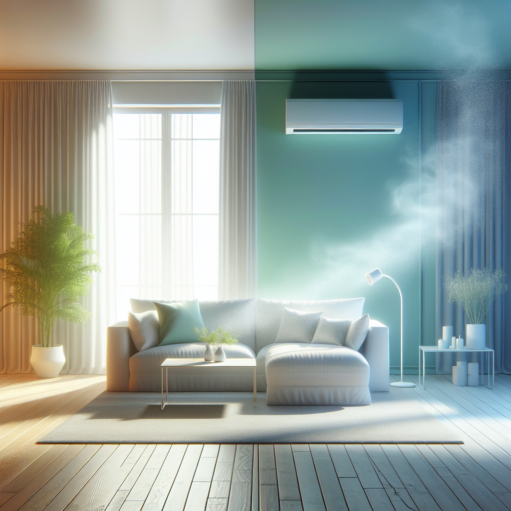 A bright, minimalist apartment living room with a subtle visual representation of air purification. One side of the room shows a very faint, almost invisible wisp of stale air, while the other side is bathed in clear, crisp, fresh light, symbolizing the elimination of odors. An open window in the background suggests a gentle, clean breeze, enhancing the feeling of renewed freshness and well-being. Focus on a serene, clean atmosphere.