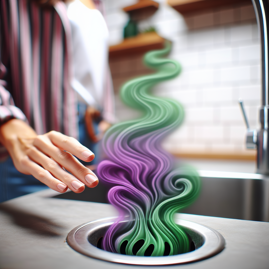 A close-up shot of a modern kitchen sink drain, with visible, unpleasant green or purple wavy fumes wafting out, suggesting a bad smell. A person's hand is slightly recoiling in the background, out of focus, indicating disgust. The overall atmosphere should convey the problem of a smelly kitchen drain, with a clean but slightly uninviting aesthetic.