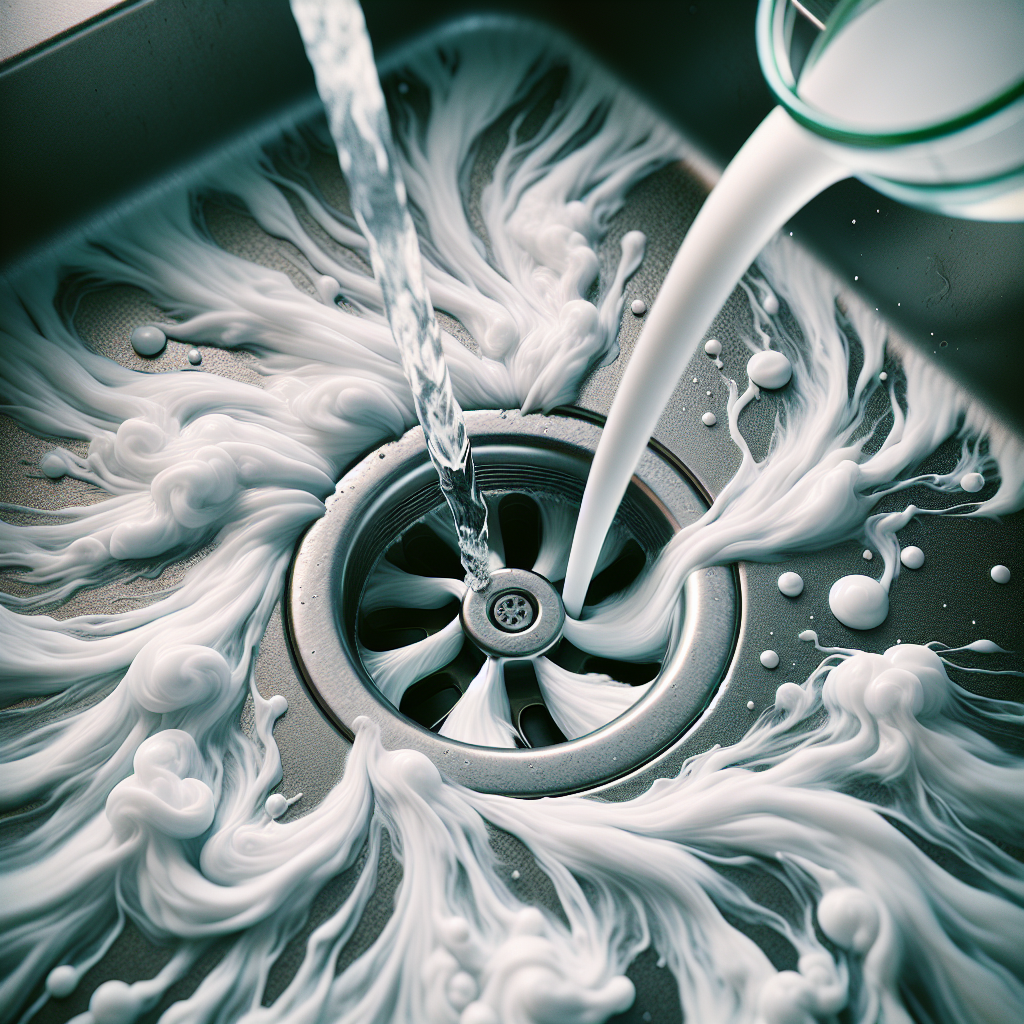 A close-up, top-down photo of a kitchen sink drain. White baking soda is actively being poured into the drain opening, followed by a splash of clear vinegar, creating a gentle, white foam that begins to fill the drain. Subtle, light green, wavy lines of vapor emanate from the drain, suggesting the previous unpleasant smell being neutralized. The background shows a clean, modern kitchen countertop with good lighting. Realistic photo, high detail.