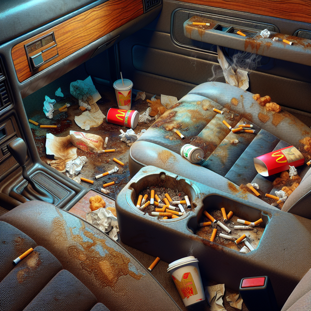 A car interior filled with various sources of unpleasant odors: an overflowing ashtray with cigarette butts, spilled coffee stains on the passenger seat, crumpled fast-food wrappers on the floor, dog hair visible on the upholstery, and a damp, moldy-looking spot under a floor mat. The scene should evoke a sense of neglect and a stale smell. Realistic style, slightly dim lighting.