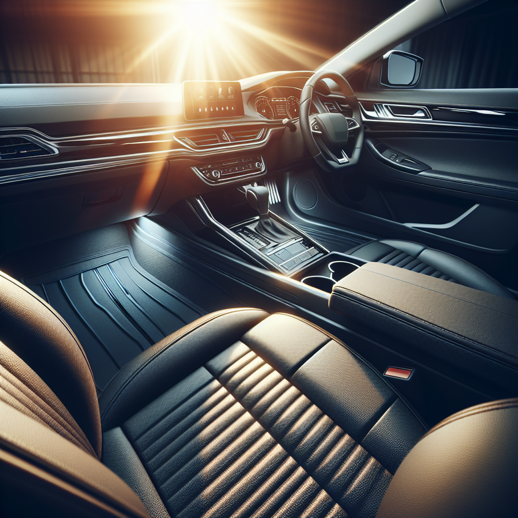 A meticulously clean and fresh car interior. Sunlight streams through the windows, illuminating spotless black upholstery, a gleaming dashboard, and perfectly vacuumed floor mats. The air vents look clean, and the overall impression is one of crisp freshness and order. Bright, inviting, and modern style.