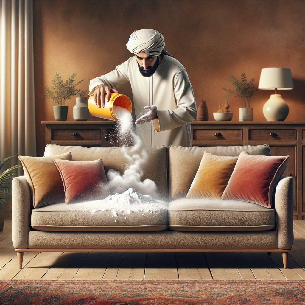 A cozy fabric couch in a warm, modern living room, with subtle, stylized wisps of grey, unpleasant odor rising from its cushions. A person's hands are gently sprinkling a generous amount of white baking soda powder across the entire surface of the couch. The scene is domestic and clean, bathed in soft, natural light, realistic photo.