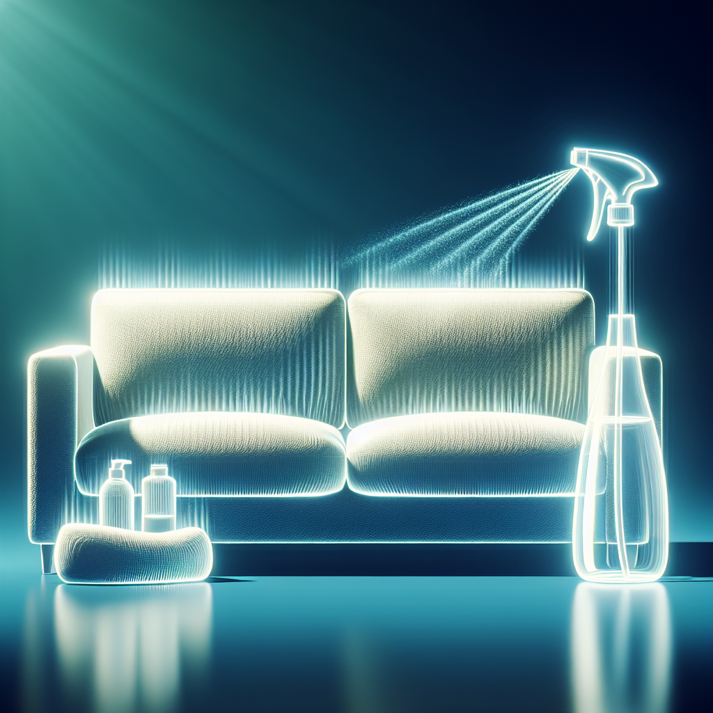 A bright and fresh living room scene featuring a clean, inviting fabric couch. A transparent spray bottle, filled with a clear liquid (representing a vinegar solution), is gently misting the couch surface. Subtle, stylized visual elements of freshness and cleanliness (e.g., light green or blue wavy lines, or a soft glow) emanate from the couch. The scene is bright, airy, and evokes a feeling of cleanliness and a pleasant aroma, realistic photo.