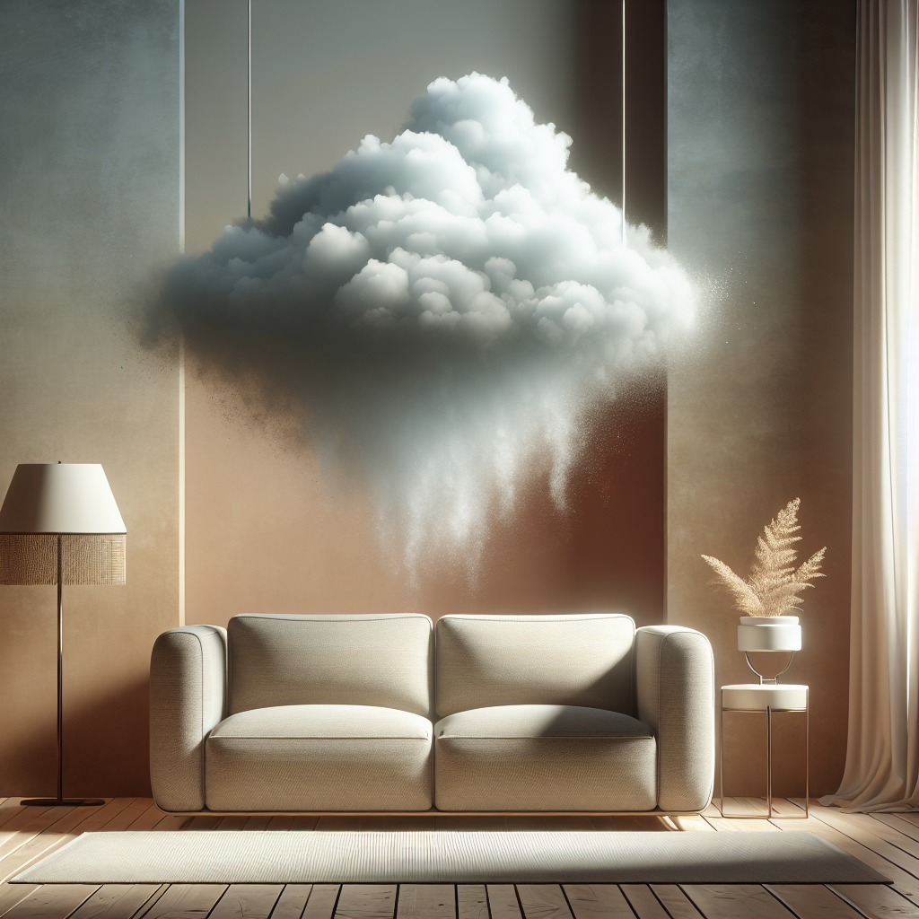 A cozy living room scene with a modern fabric sofa. Above the sofa, a subtle, ethereal visual representation of an 'unpleasant smell' (e.g., faint greyish mist or wavy lines) is visibly dissipating and transforming into a clear, fresh, and light atmosphere, symbolized by gentle, bright light. Sunlight streams gently into the room, emphasizing cleanliness and freshness. High-quality digital art, clean aesthetic.