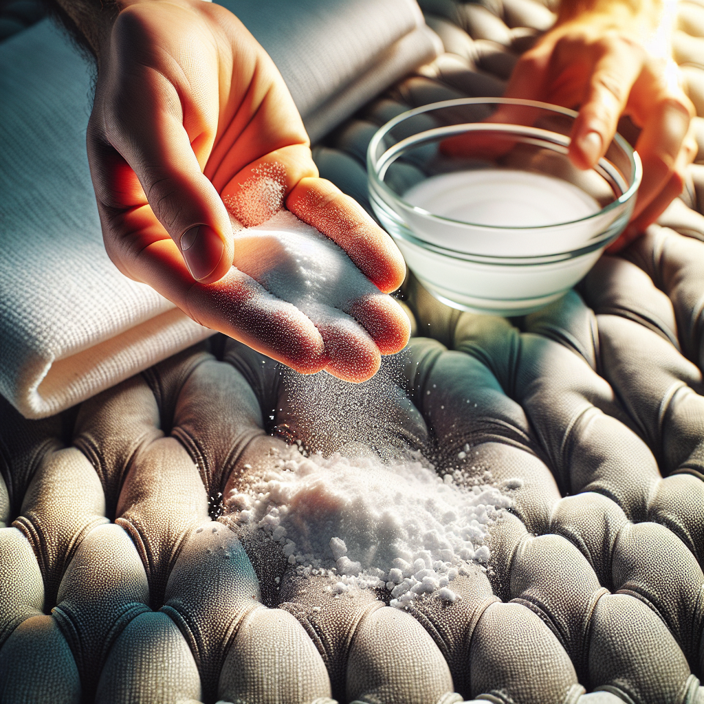 Close-up, top-down view of a hand carefully sprinkling white powder (representing baking soda) onto the textured, light-colored fabric of a sofa or armchair. The fabric texture is clearly visible. In the background, slightly out of focus, there's a simple glass bowl with a clear liquid (vinegar solution) and a clean white cloth, hinting at other natural cleaning methods. The lighting is bright and natural, emphasizing a practical DIY cleaning process. Realistic photo style.