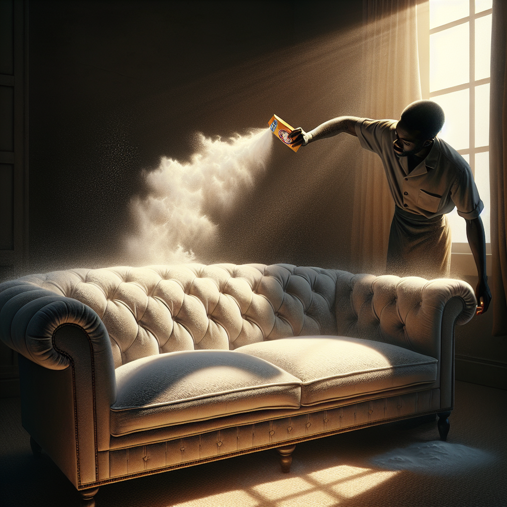 A cozy living room with a comfortable sofa. A person is gently sprinkling baking soda (Natron) over the sofa's upholstery, a subtle cloud of white powder rising. Sunlight streams through a window, highlighting the texture of the fabric and the baking soda. The scene conveys freshness, home care, and the removal of unpleasant odors. Realistic, warm lighting, high detail.