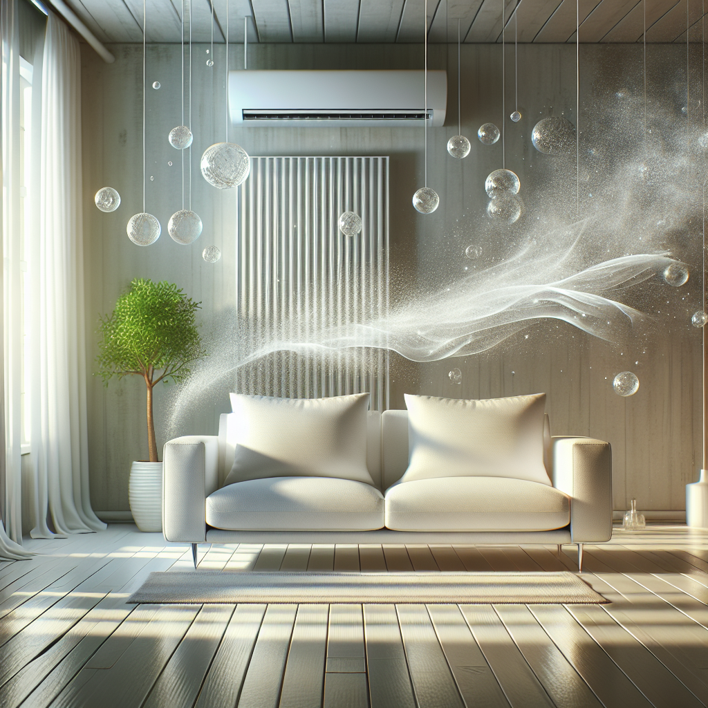 A clean, modern sofa in a bright, inviting living room. Sunlight streams in, illuminating a subtle, fresh aura emanating from the sofa, symbolized by delicate, swirling clean air particles. The overall impression is one of cleanliness, freshness, and comfort after odors have been removed. Soft, natural light. Realistic style.