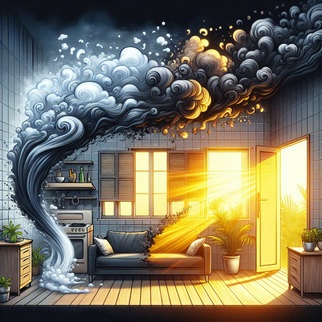A stylized illustration showing unpleasant, dark, swirling 'odor' clouds visibly dissipating from a modern, clean kitchen or living room, leaving the space filled with bright, fresh air and sunlight streaming through an open window. The overall feeling should be one of cleanliness and renewal. Digital art, inviting atmosphere.